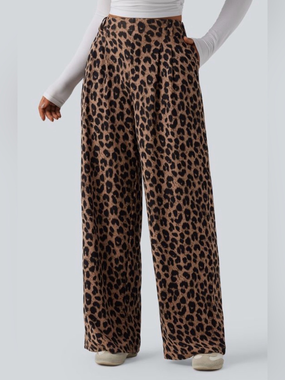 HALARA High Waisted Wide Leg Leopard Print Waffle Casual Pants with Pockets